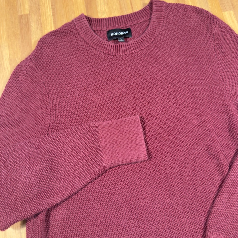 Bonobos Mens Large Burgundy Cotton Textured Seed Stitch Crew Neck Sweater Maroon